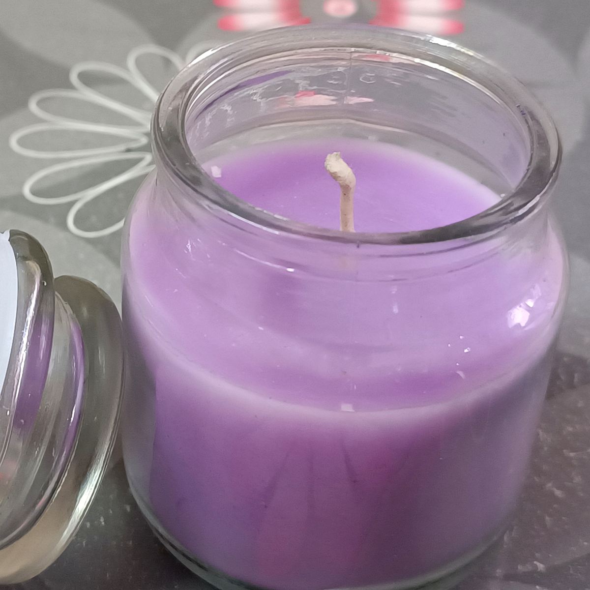 Handmade scented jar candle in lavender wax, manufactured in Jaipur
